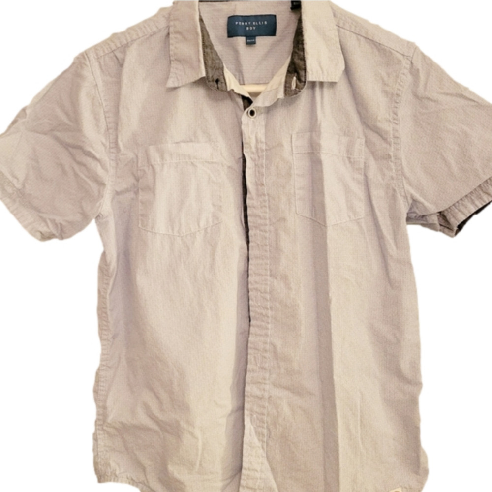 Perry Ellis Boy short sleeved button up collared shirt white blue print Sz 14/16